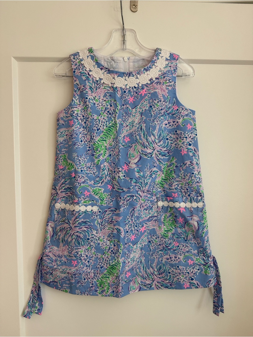 Sleeveless Blue Floral Sea-Print Girls Dress with Lace Trim